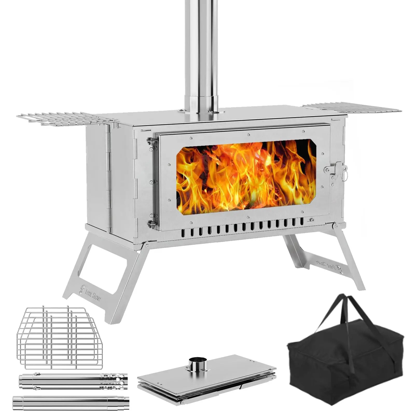 Portable Hot Tent Stove, Wood Burning Stove for Camping, Tent Stove With View Glass, Large Stainless Steel Camping Stove