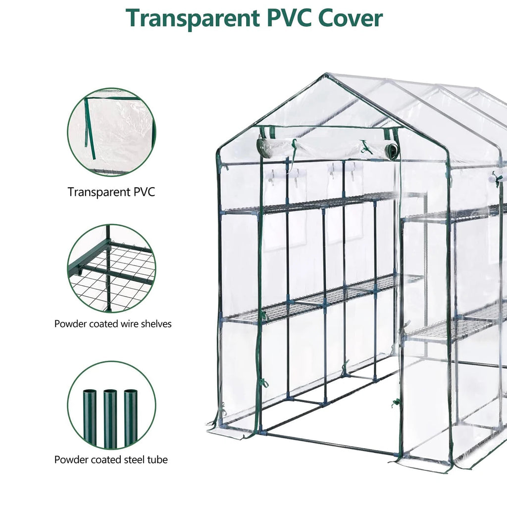 57x85x77in Walk-In Greenhouse With 8 Shelves, PE Cover, Mesh Windows & Zipper Door, Heavy Duty Plant House
