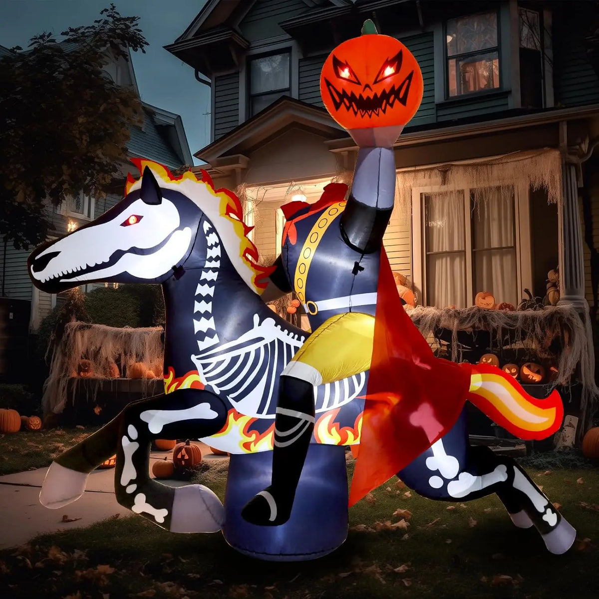 9-Foot Halloween Headless Horseman Inflatable Outdoor Decoration, Day of the Dead Blow-Up Yard Display with Built-In LED