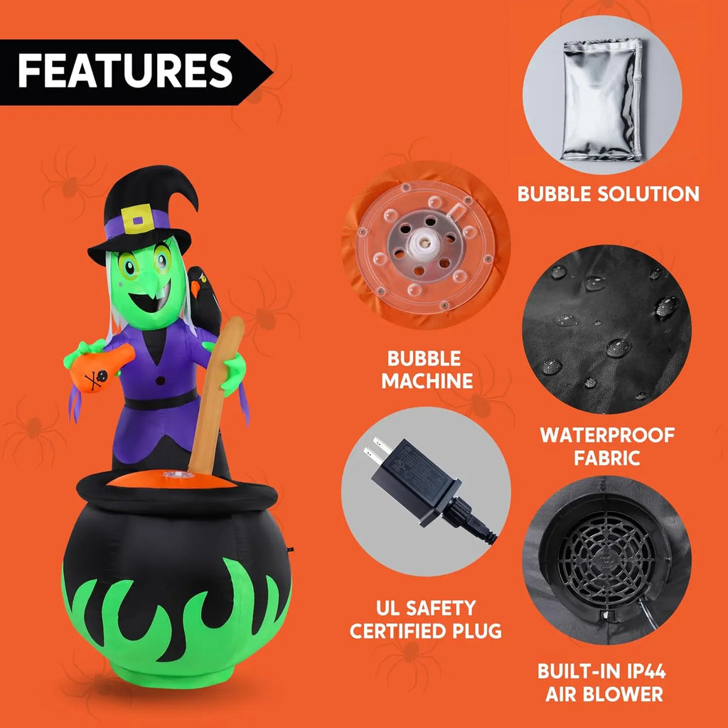 6 FT  Witch Halloween Inflatables Outdoor Decorations and Cauldron with Bubbling Potion and Light Inflatable Decoration