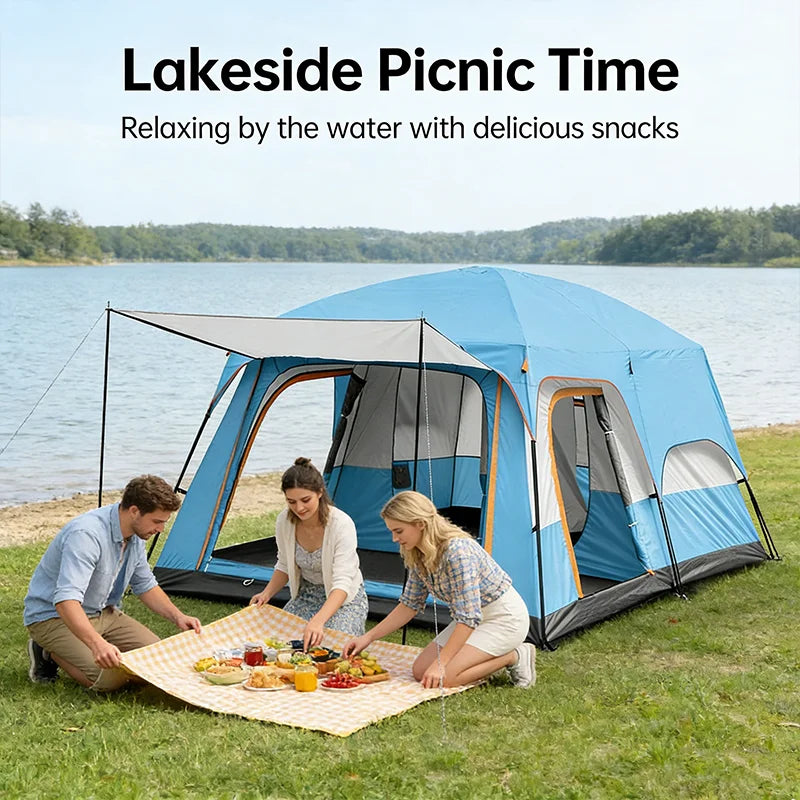 4/8/12-person outdoor family camping tent ; spacious interior ; mesh windows provide ventilation; windproof, waterproof