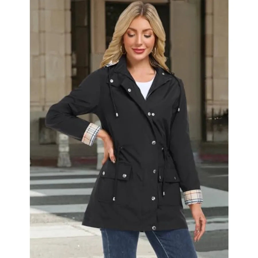 Rain Coats for Women Waterproof Rain Jacket Lightweight Windbreaker Outdoor Hooded Trench Coat