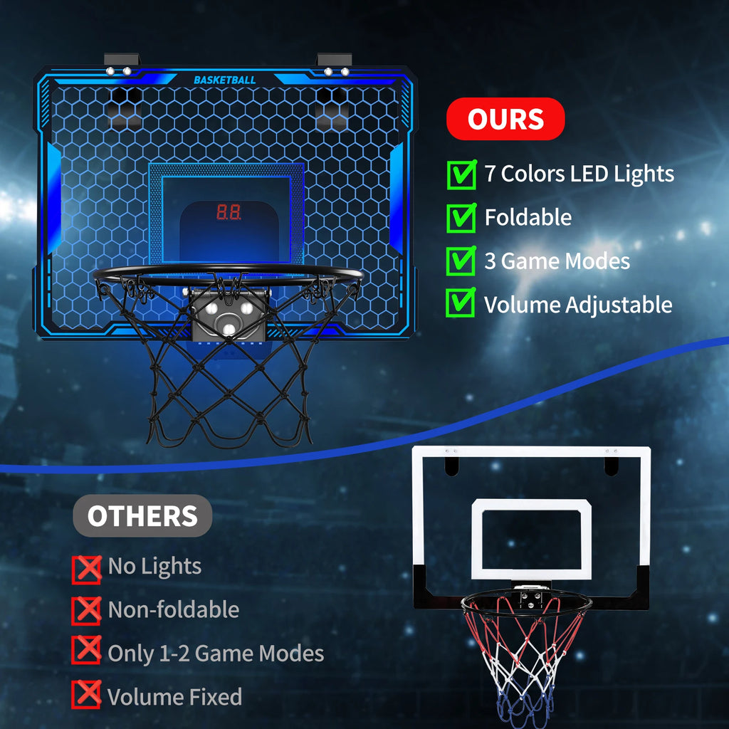 Basketball Hoop Wall-mounted Indoor/Outdoor Training Home Kids Basketball Toy, with 7 LED Lights Scoreboard