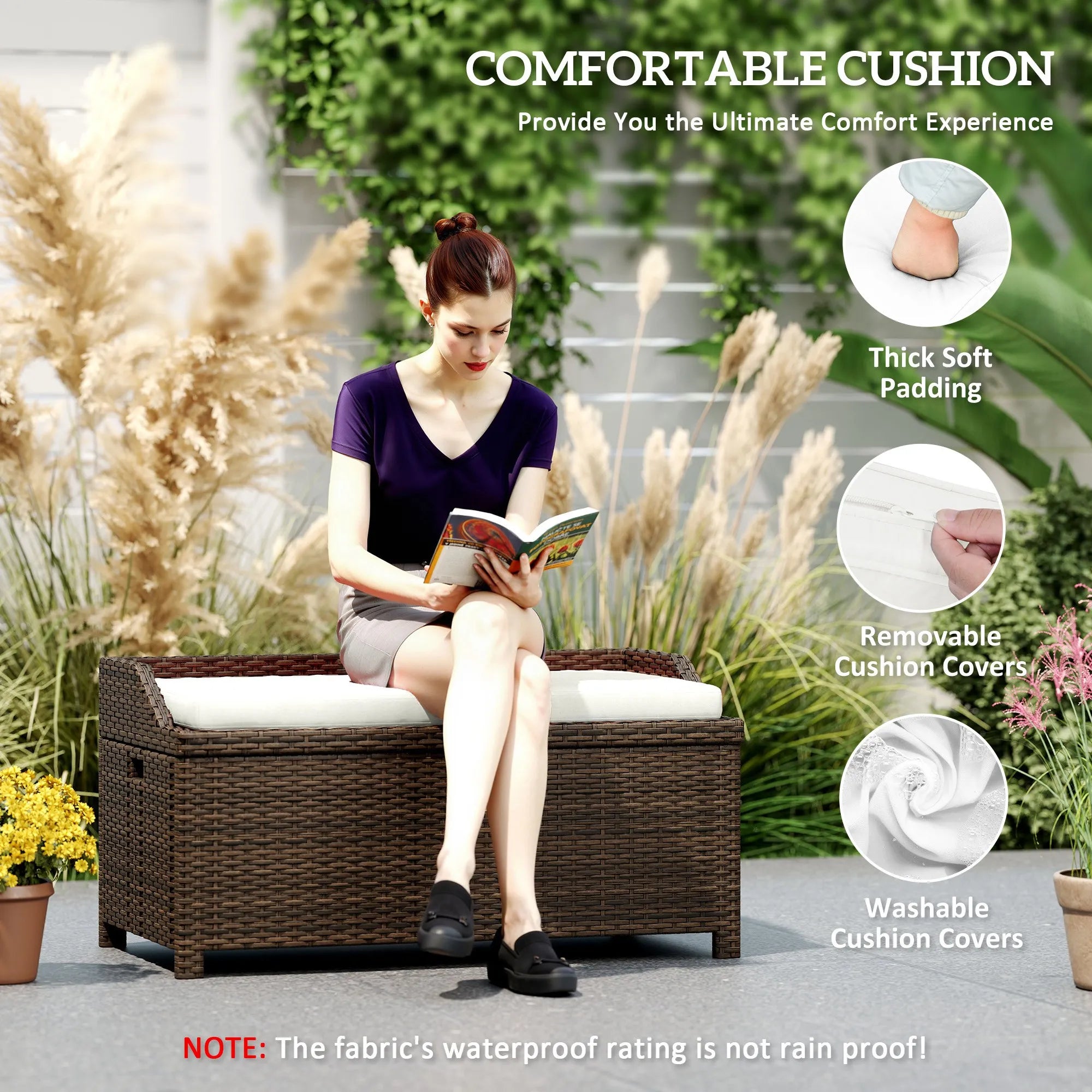 Outdoor Patio & Backyard Garden Bench w/ Comfortable White Top Cushion, Cream