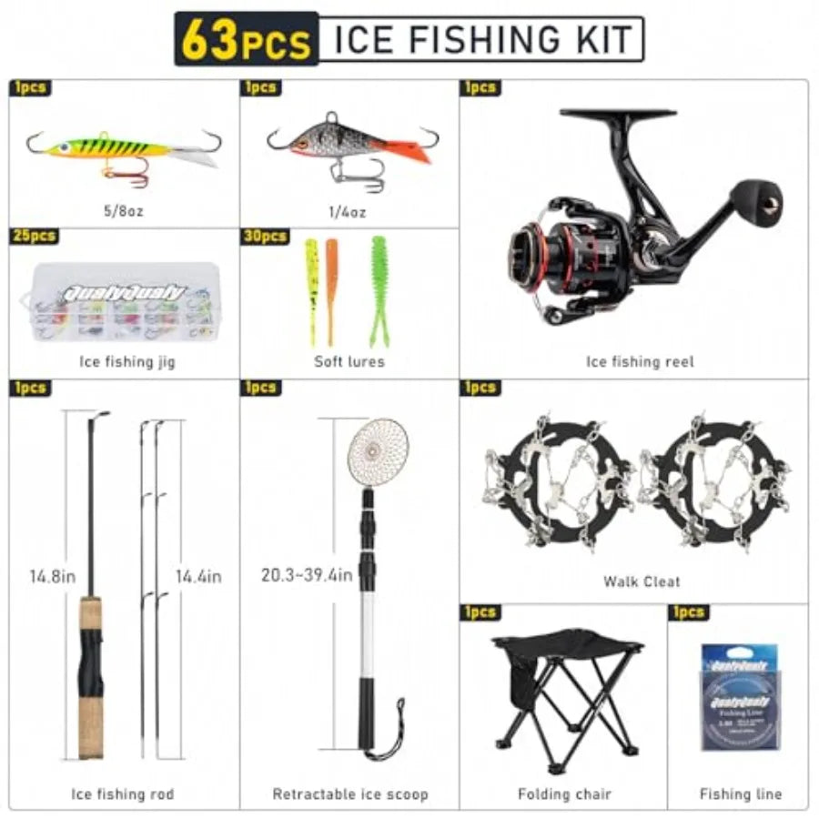 Portable Ice Fishing Rod and Reel Combo 28'' Set with Inline Reels Lures Ice Cleats Carrier Bag Folding Stool