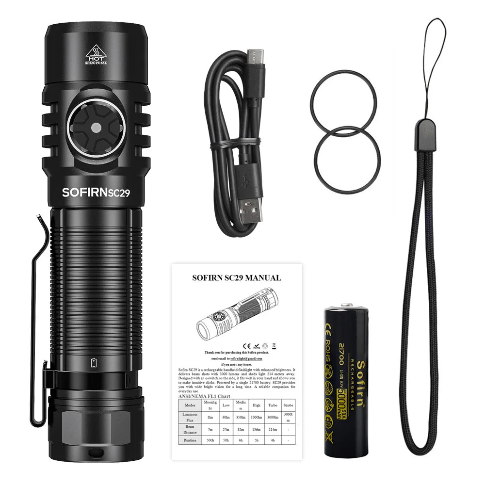 SC29 3000 Lumens EDC Flashlight Rechargeable LED Powerful  21700 Torch Light for Camping Fishing