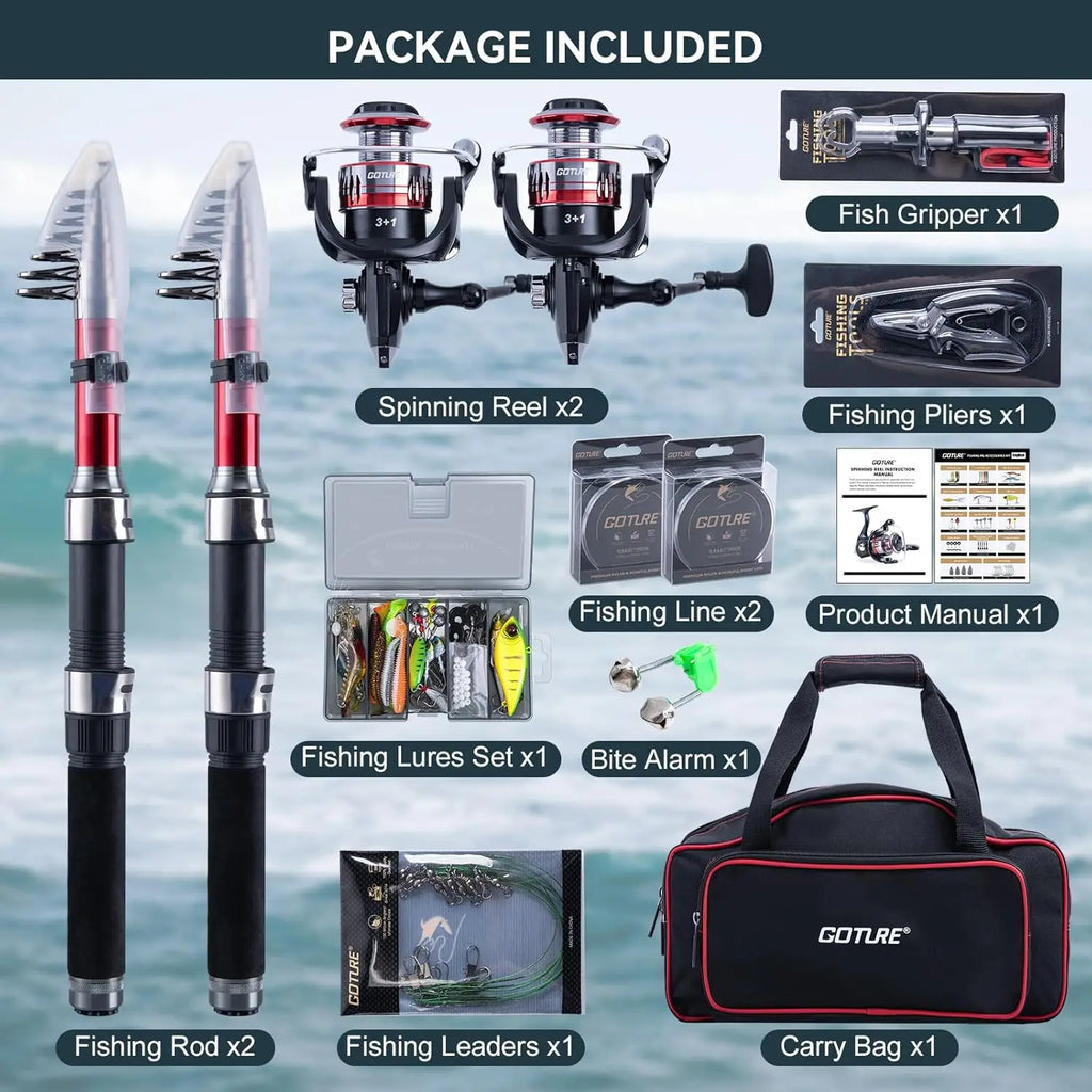 Fishing Rod and Reel Combos-2PCS Telescopic Fishing Pole+2PCS Spinning Reels with Carrier Bag
