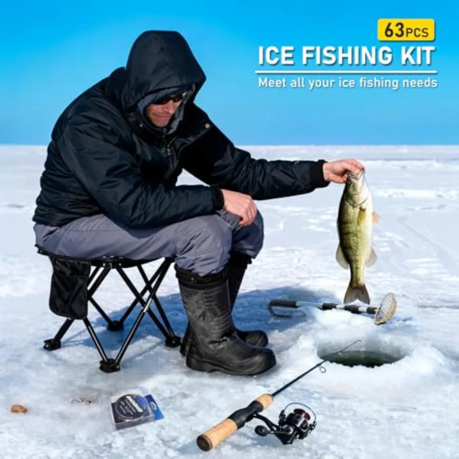 Portable Ice Fishing Rod and Reel Combo 28'' Set with Inline Reels Lures Ice Cleats Carrier Bag Folding Stool