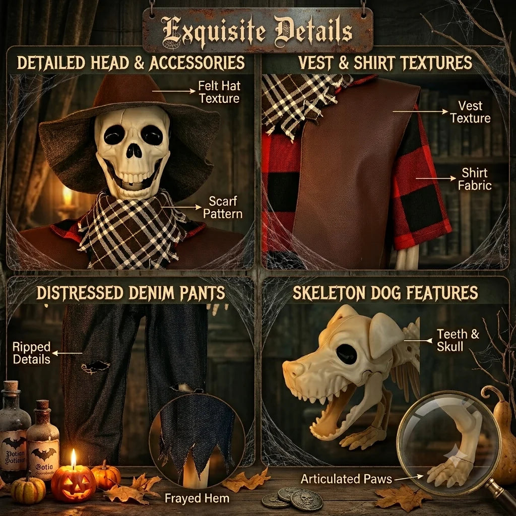 36" Halloween Skeleton Decorations, Posable Skeleton & Dog Outdoor Decor Creepy Halloween Farmer/Cowboy Themed Set