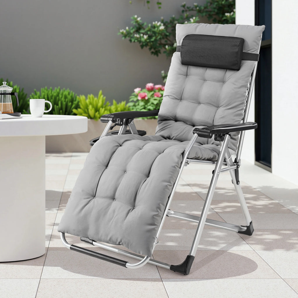 Zero Gravity Recliner Camping Patio Lounge Chair Folding Portable with Cup Holder Trays Removable Cushion