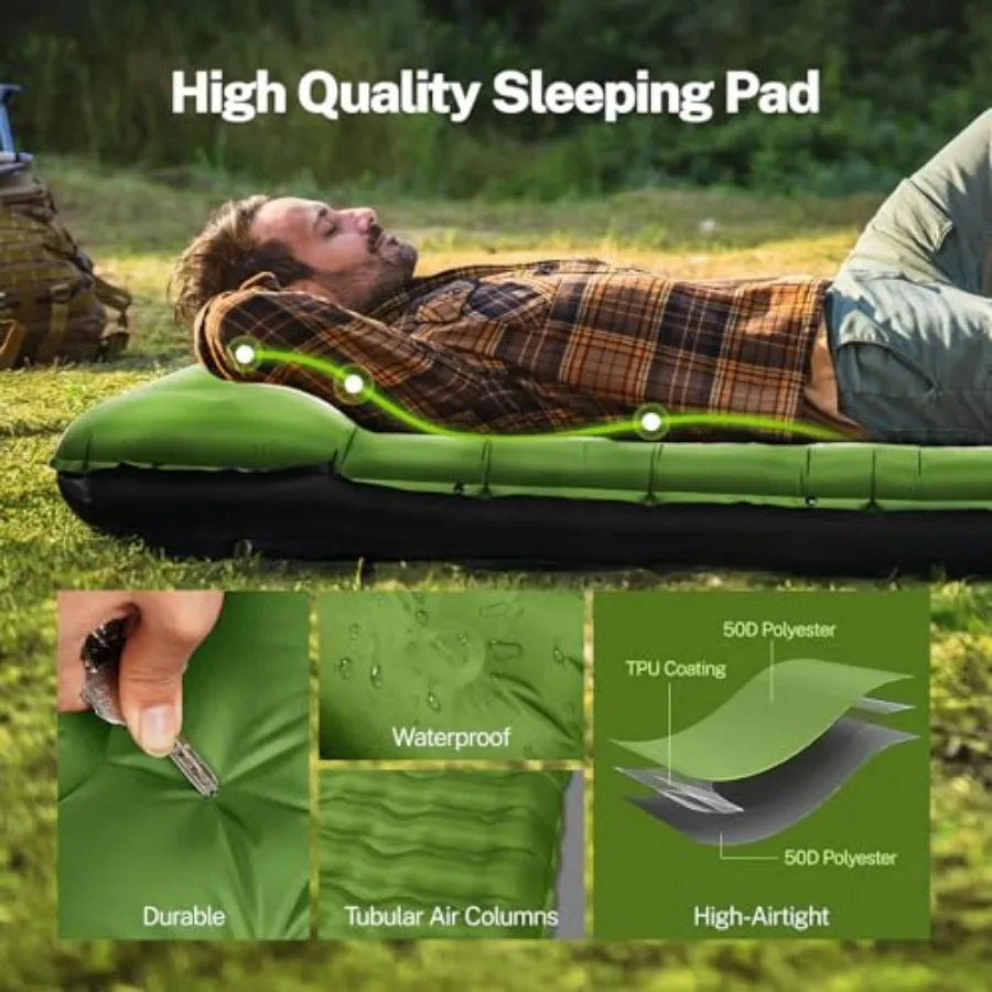 Double Sleeping Pad for Camping, 6" Extra-Thick Reinforced Camping Pad with Pillows and Built-in Pump