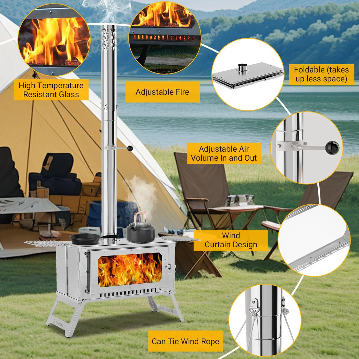 Portable Hot Tent Stove, Wood Burning Stove for Camping, Tent Stove With View Glass, Large Stainless Steel Camping Stove