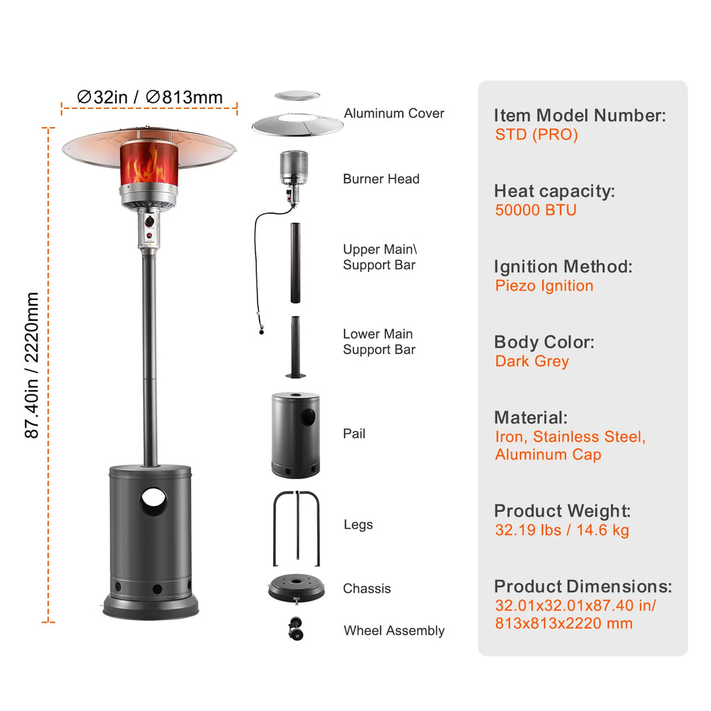 Patio Heater for Outdoor Use Tall Hammered With Round Table Design Metal Burner and Wheels Fixed Flame Heater for Patio