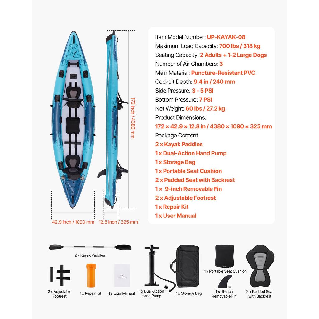 700LBS Inflatable Kayak 2-Person Inflatable Recreational Kayak Leak & Puncture-Resistant with Padded Seat for Fishing