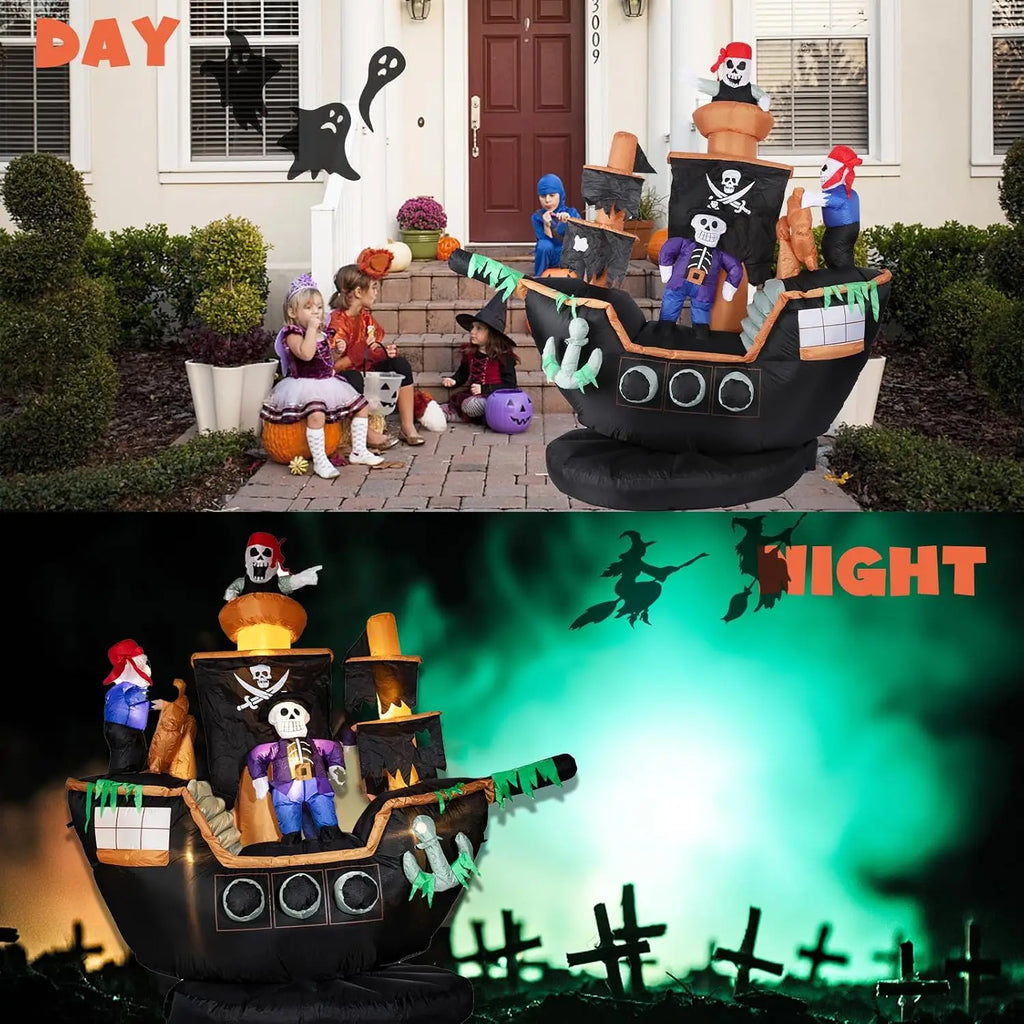 Outdoor Halloween Inflatable Pirate Ship Decor with Skeletons & Ghosts, 7FT Tall, Built-in LED Lights, Waterproof, Includes Fan, Weight Bag, Stakes & Strings