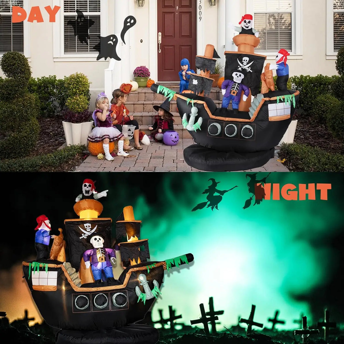 Outdoor Halloween Inflatable Pirate Ship Decor with Skeletons & Ghosts, 7FT Tall, Built-in LED Lights, Waterproof, Includes Fan, Weight Bag, Stakes & Strings