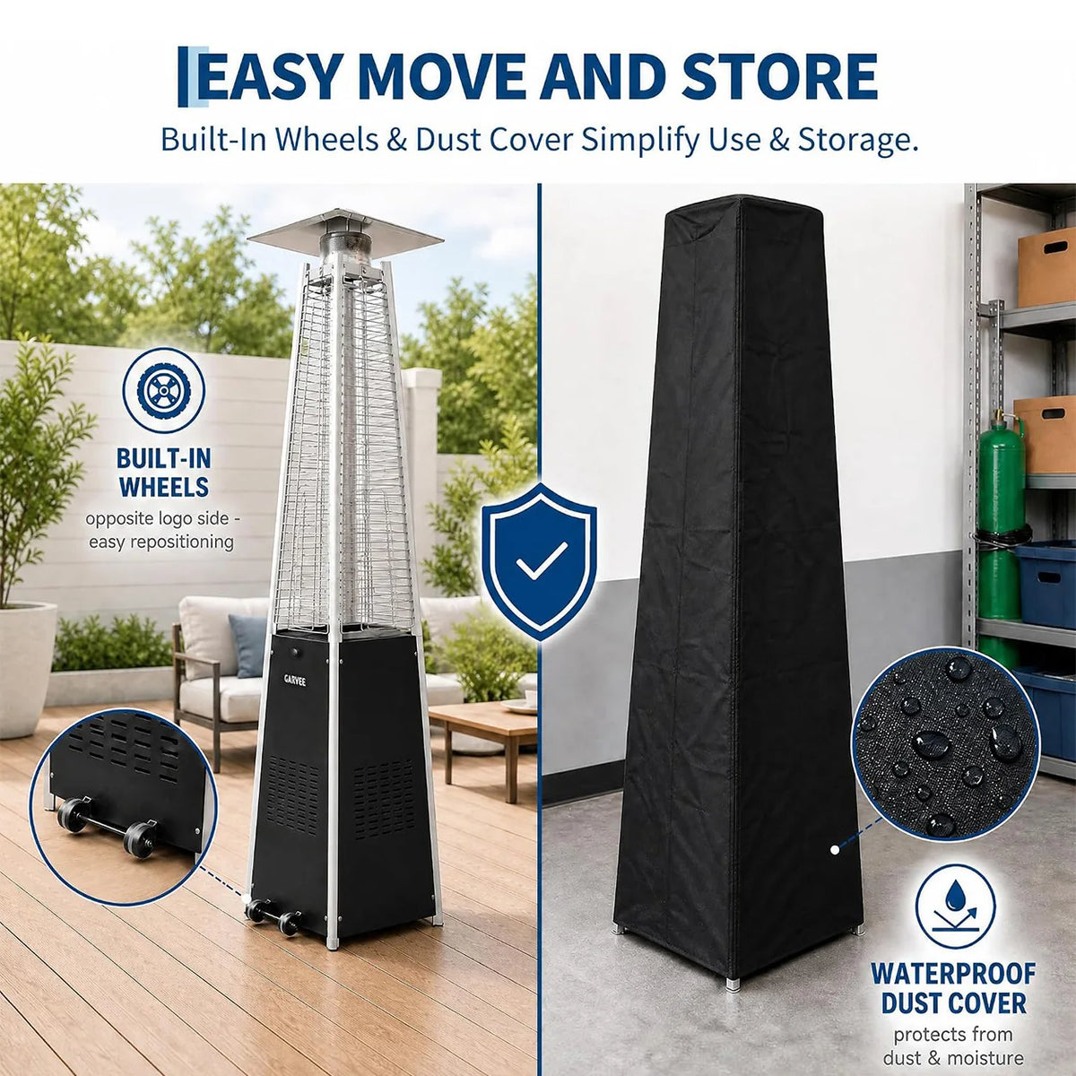 Pyramid Propane Patio Heater with Glass Tube Flame with Wheels Adjustable Heat Control Standing Heater for Patio Deck Garden Poolside Outdoor Dining