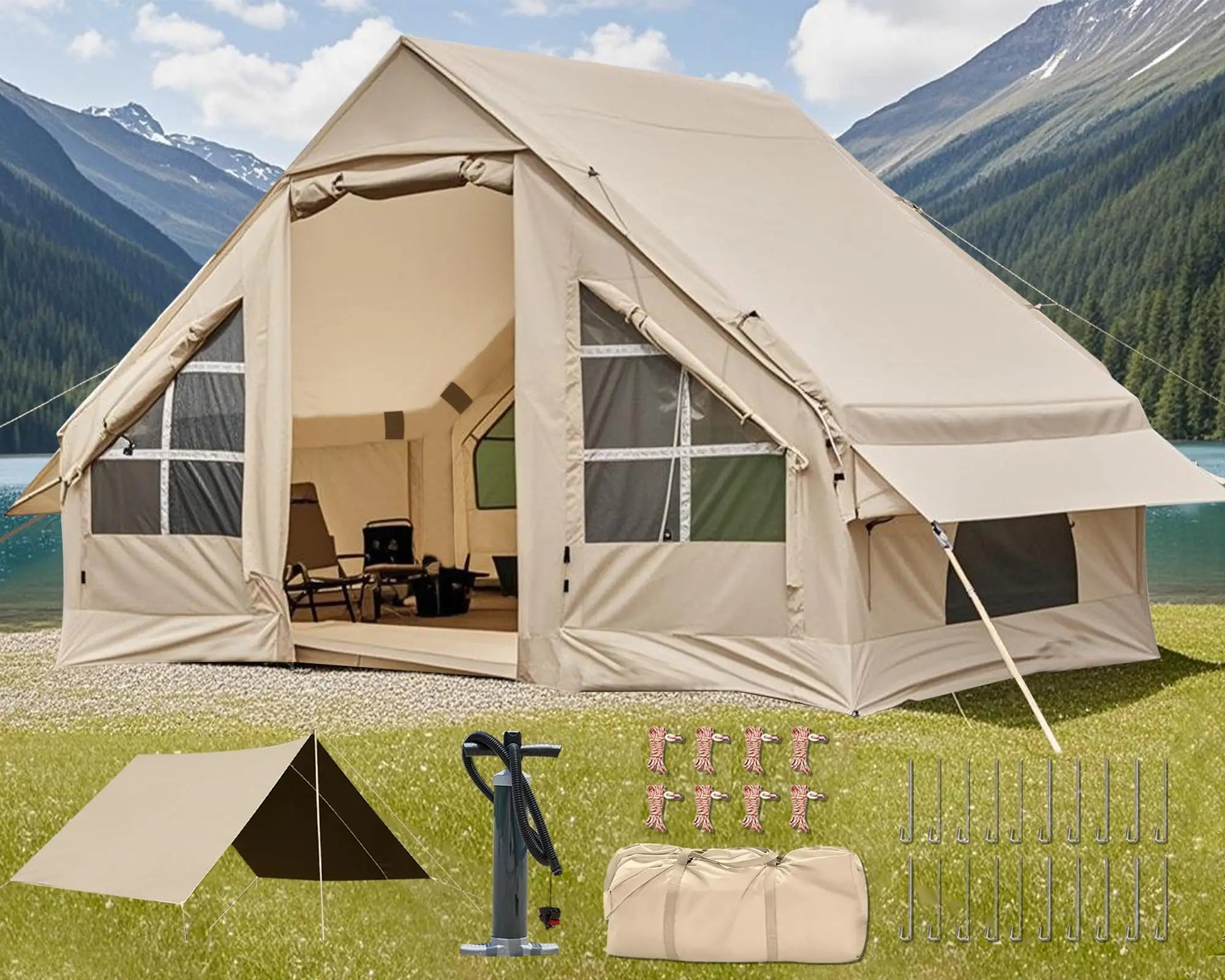 Inflatable Camping Tent With Awning Quick Setup Waterproof Oxford Tent For Adults