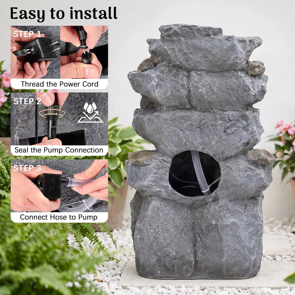 5-Tier Cascading Rock Water Fountain with LED Lights & Adjustable Water Flow, Waterfall Feature for Patio, Backyard