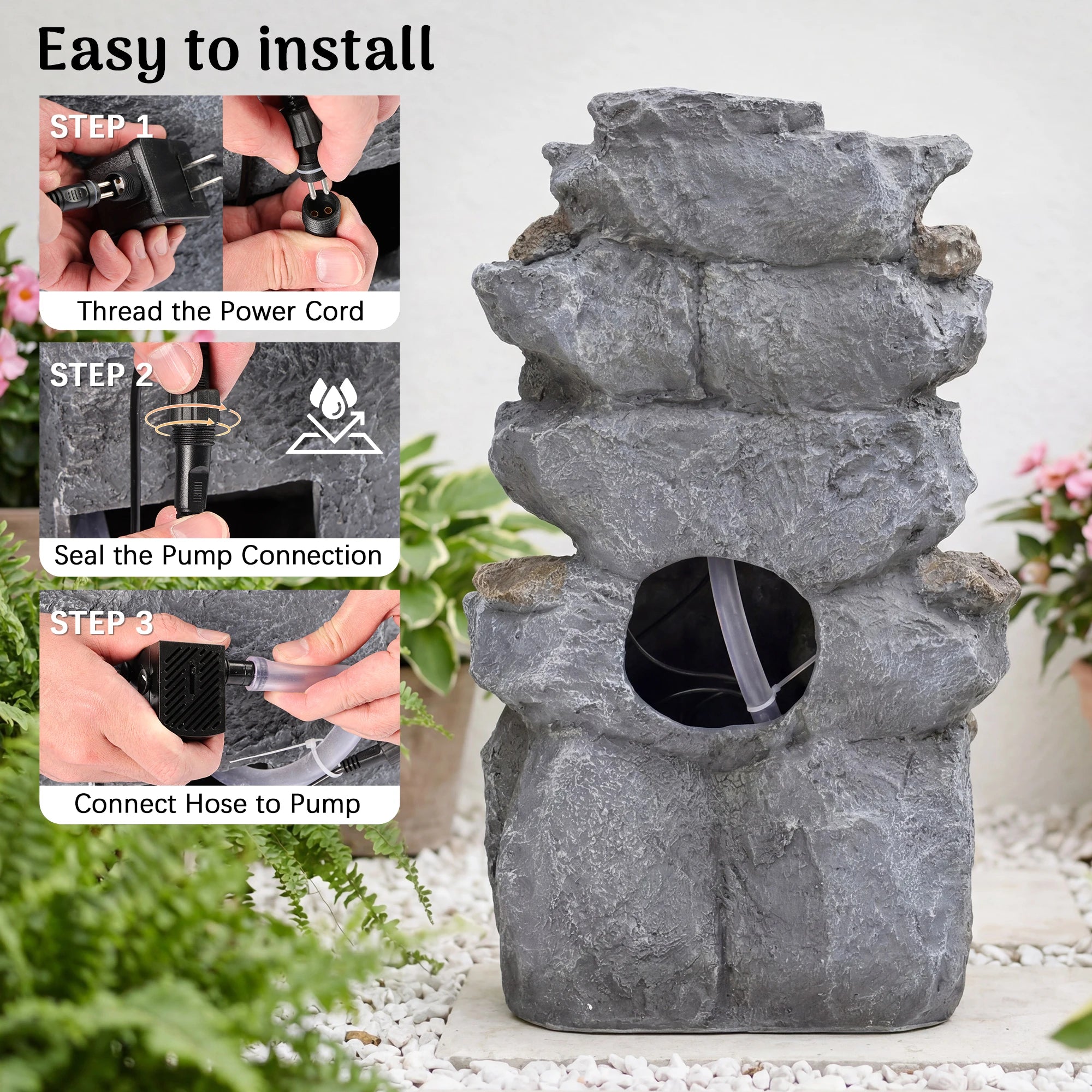 5-Tier Cascading Rock Water Fountain with LED Lights & Adjustable Water Flow, Waterfall Feature for Patio, Backyard