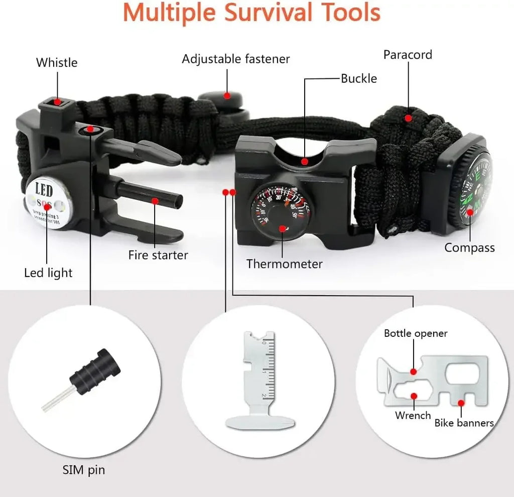 20-in-1 Survival Paracord Bracelet with SOS LED, Fire Starter, Compass, Whistle, for Camping Hiking Fishing