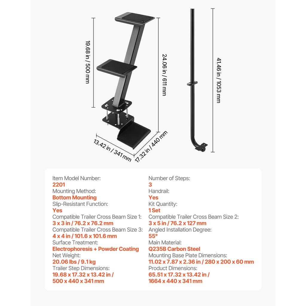 Boat Trailer Steps 2-Step/3-Step/4-Step with Non-Slip Surface 3 Mounting Angle Options