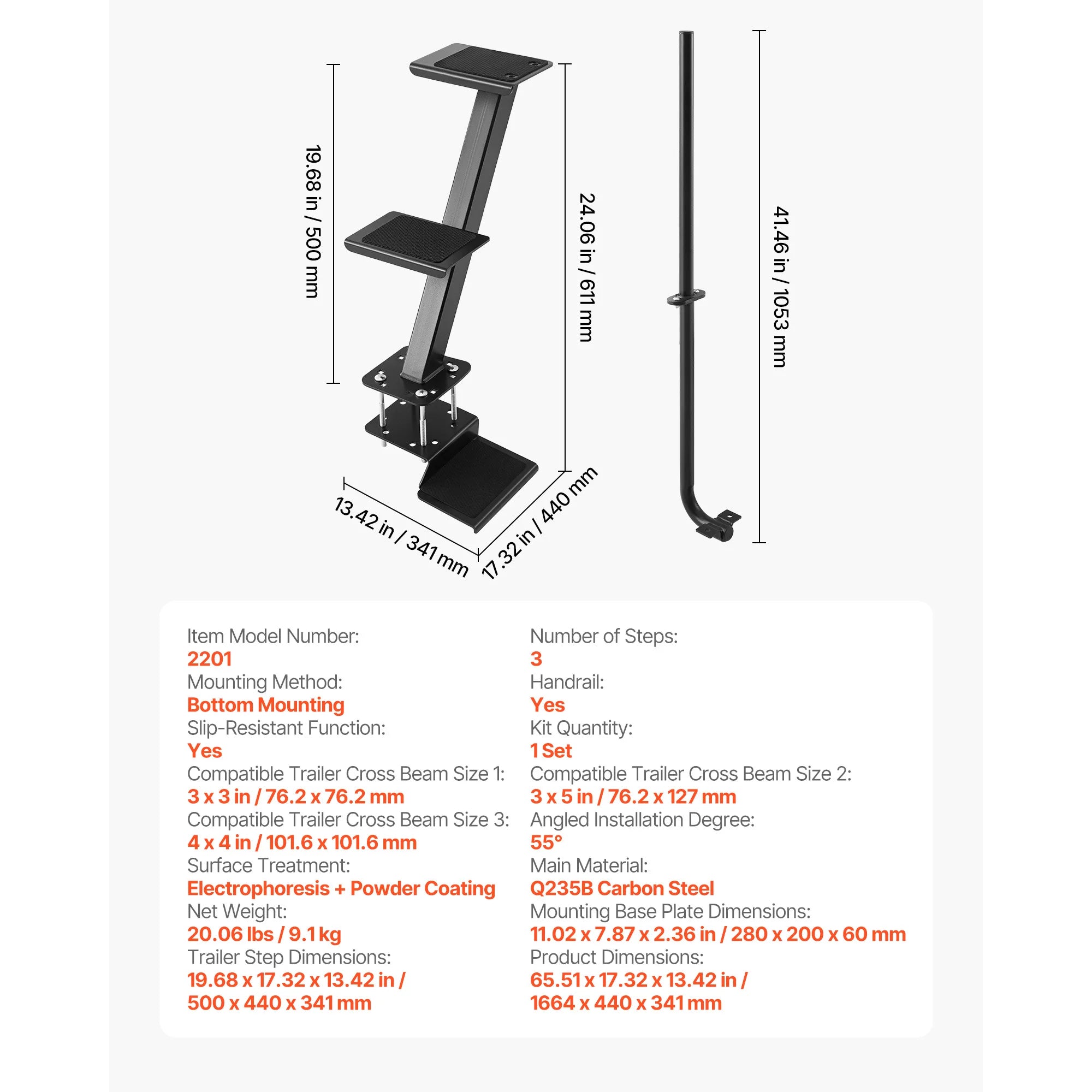 Boat Trailer Steps 2-Step/3-Step/4-Step with Non-Slip Surface 3 Mounting Angle Options