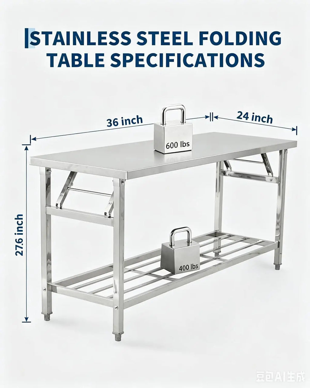 Stainless Steel Folding Prep Table with Undershelf for Home 700 lbs heavy load foldable portable design anti-slip adjustable legs