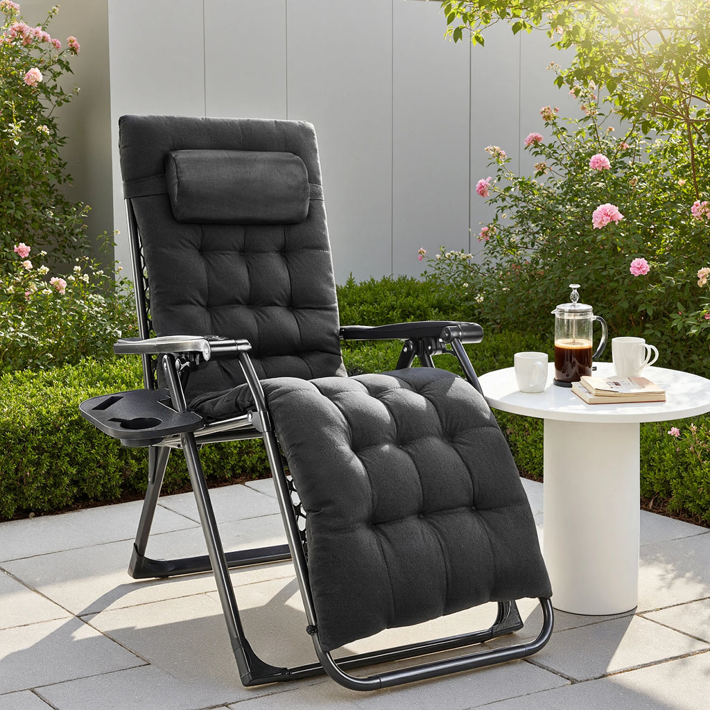 Zero Gravity Recliner Camping Patio Lounge Chair Folding Portable with Cup Holder Trays Removable Cushion