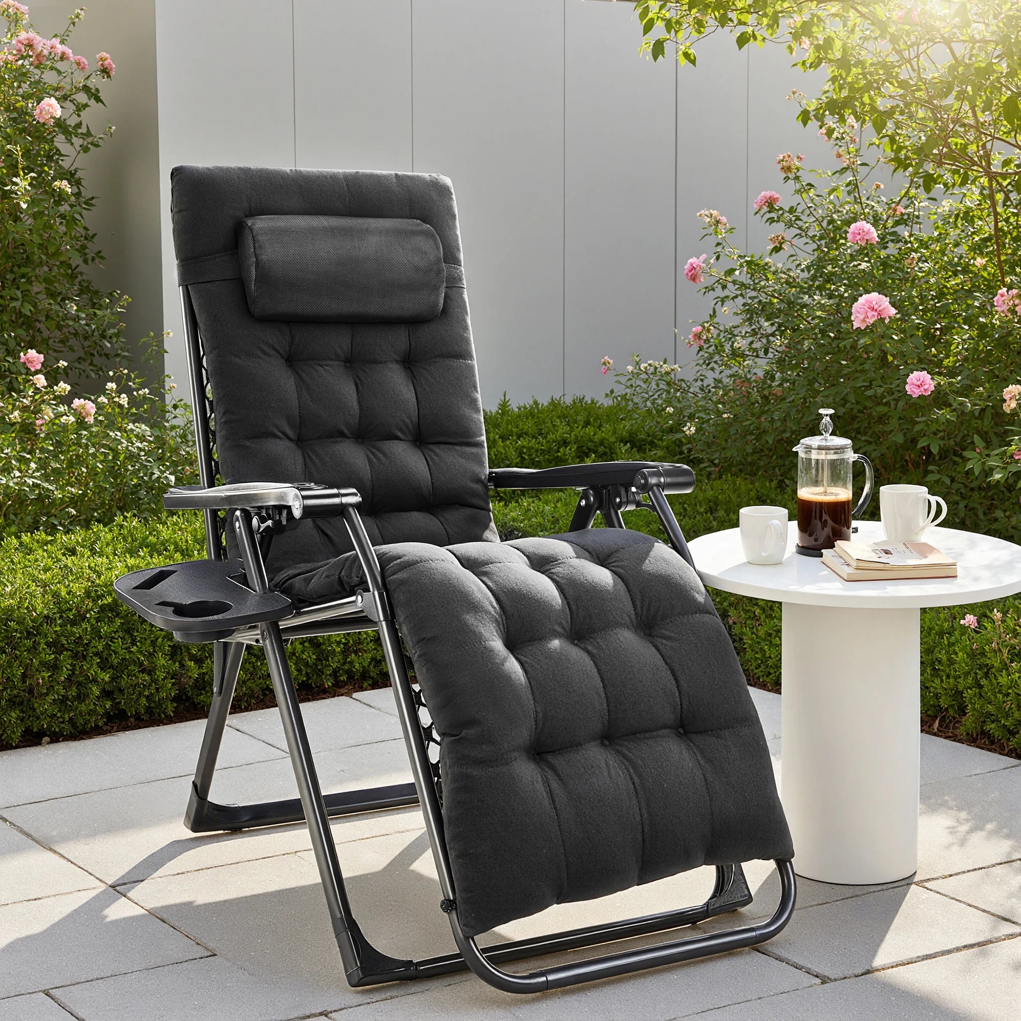 Zero Gravity Recliner Camping Patio Lounge Chair Folding Portable with Cup Holder Trays Removable Cushion