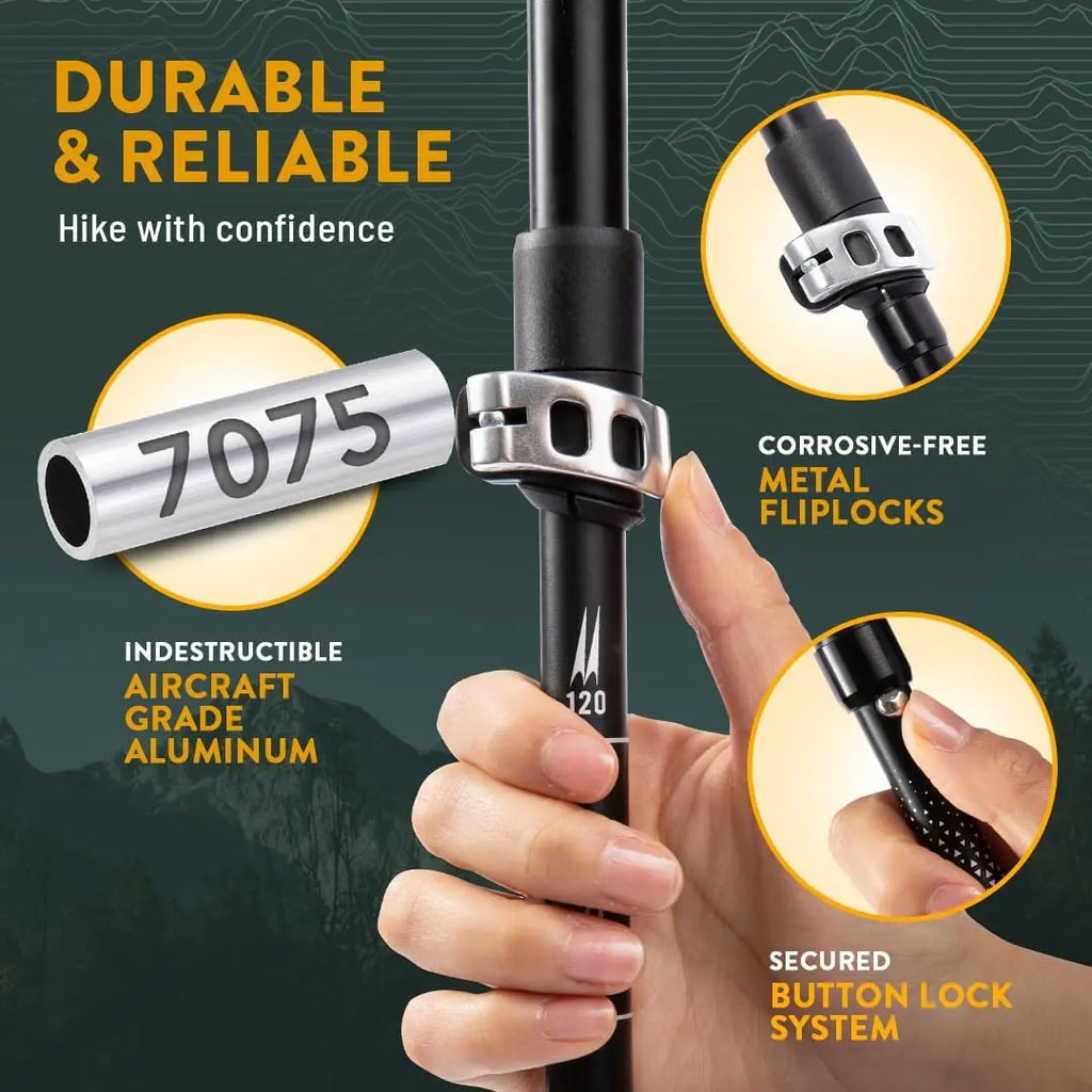 Foldable Adjustable Trekking Poles Aircraft Grade Aluminum Shaft With Metal Lock System Cork & EVA Hybrid Grips For Mountaineering Backpacking