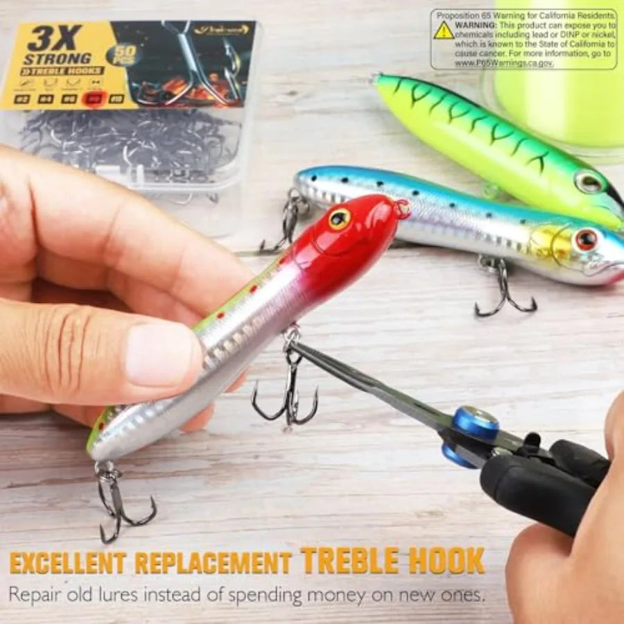 Fishing Treble Hooks, 3X Strong Forged Replacement Hooks for Lures 3-Sided Points, High-Carbon Steel