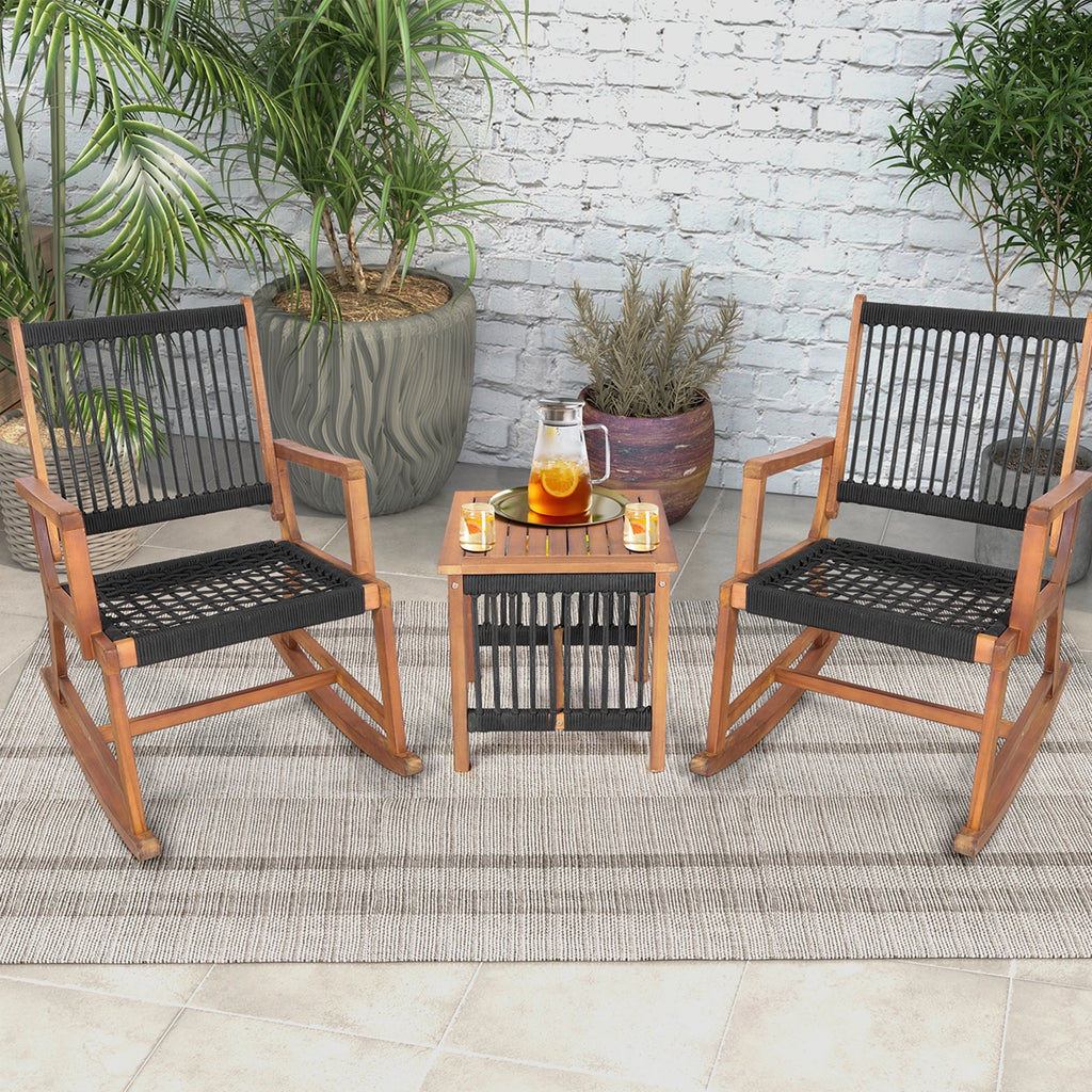 3pcs Patio Acacia Wood Bistro Table Rocking Chair Set