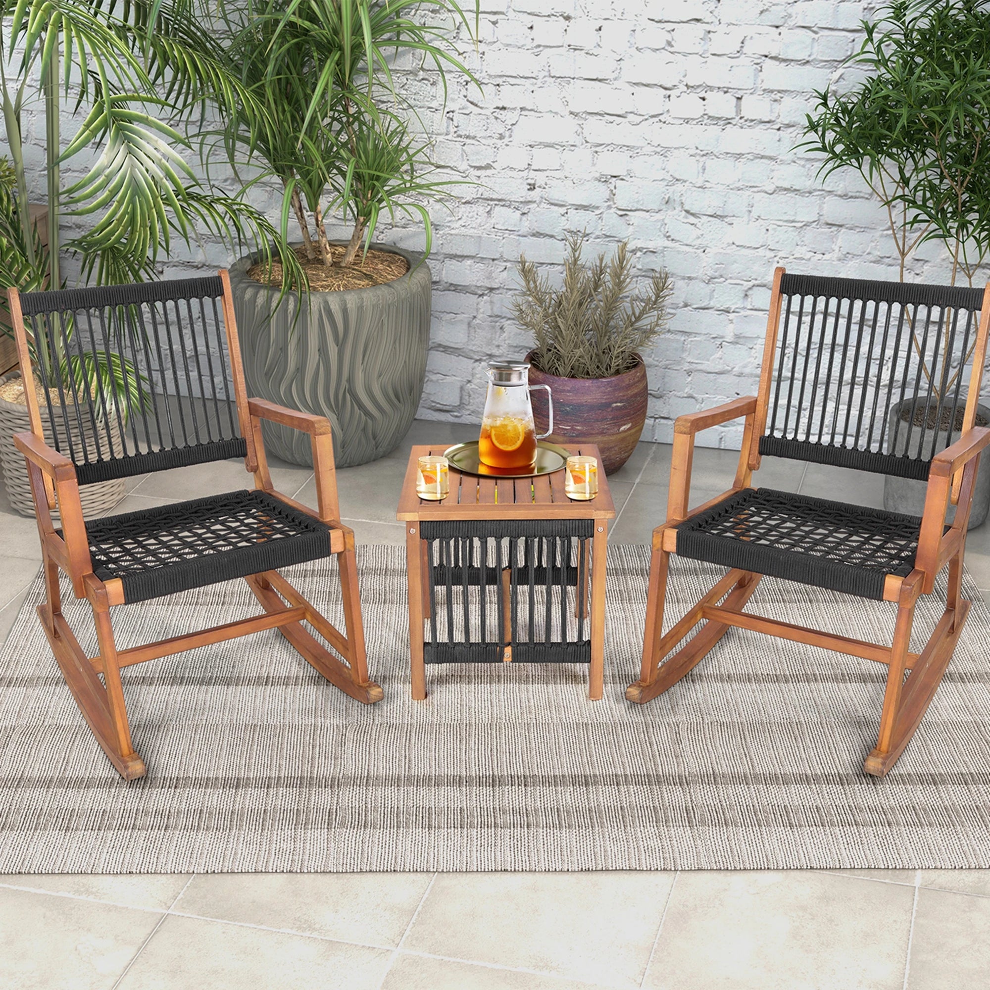 3pcs Patio Acacia Wood Bistro Table Rocking Chair Set