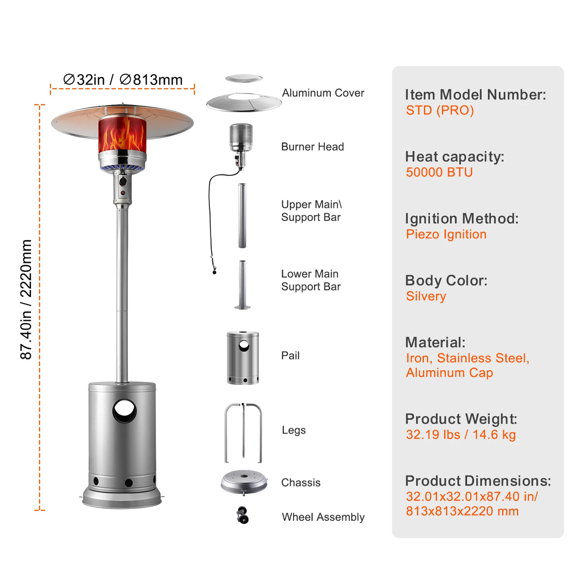Patio Heater for Outdoor Use Tall Hammered With Round Table Design Metal Burner and Wheels Fixed Flame Heater for Patio