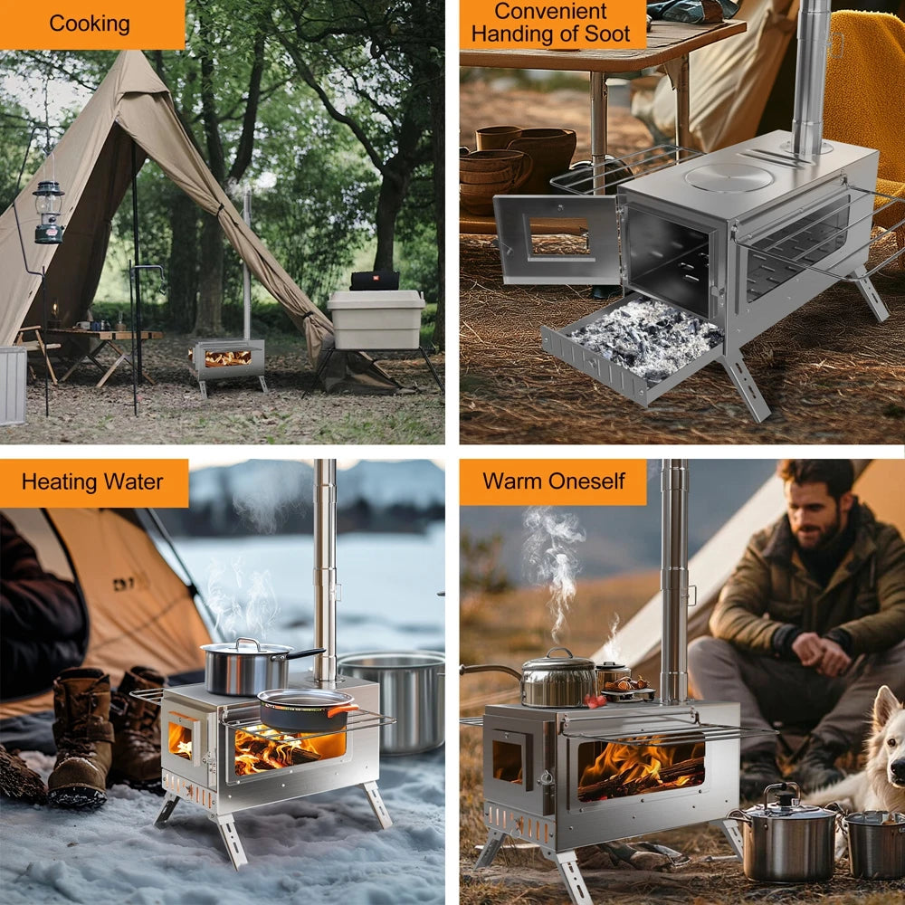 Portable Camping Wood Burning Stove Stainless Steel Tent Stove with 7 Chimney Pipes for Outdoor Camping
