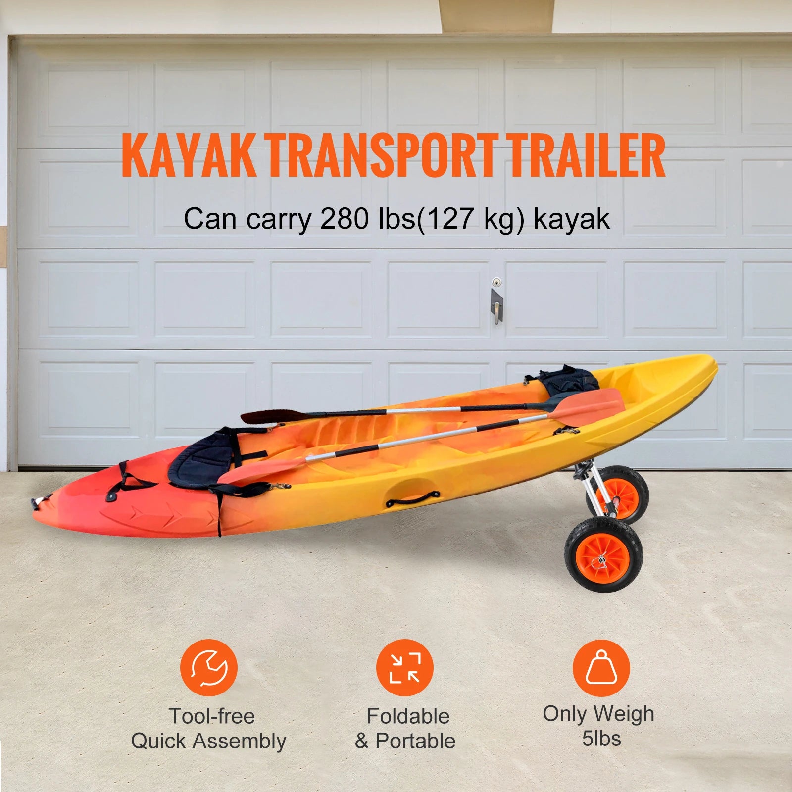 280lbs Kayak Trailer Cart Detachable Canoe Trolley Cart with 10'' Solid Tires