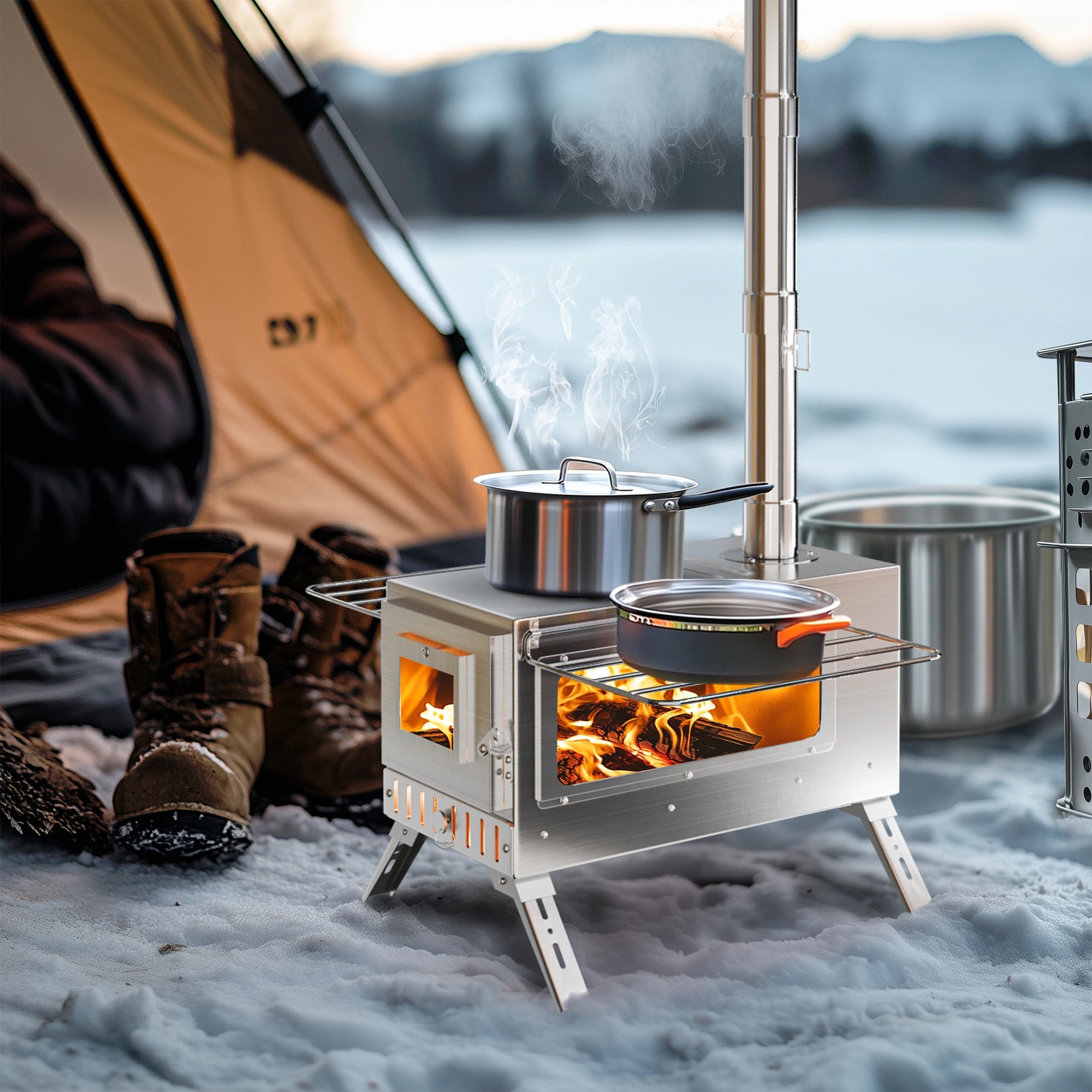 Portable Camping Tent Wood Stove for Outdoor Heating Stainless Steel Stove with 7 Chimney Pipes