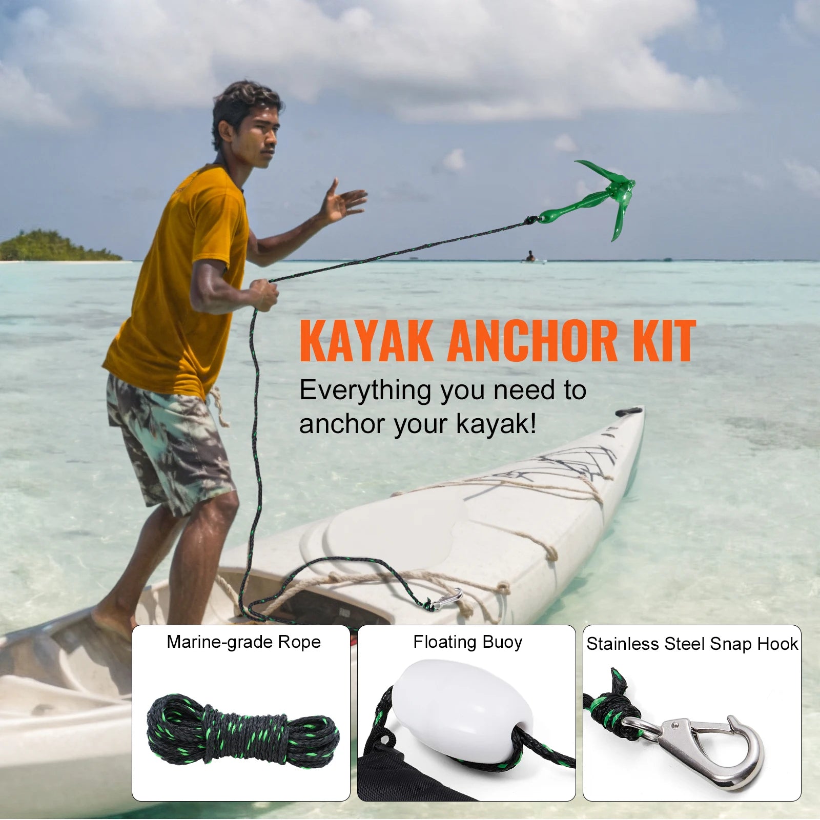 Kayak Anchor Kit 3.5 lb 26.2 ft Rope and Buoy Storage Bag
