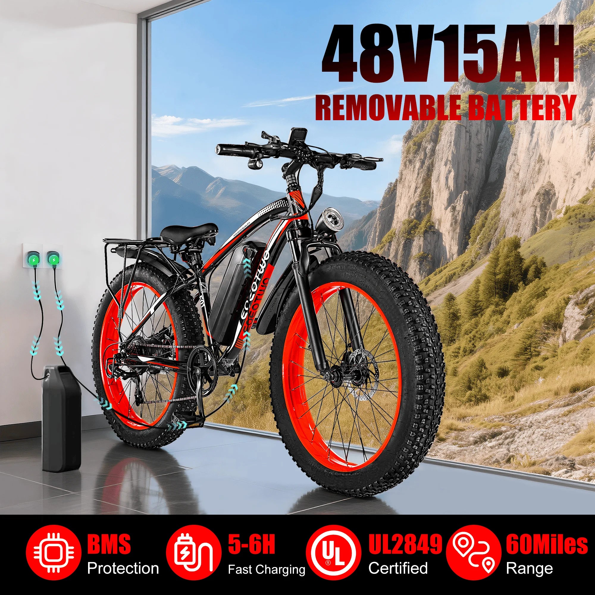 1500W Fat Tire Electric Bike for Adults 26"x4.0 All Terrain 34MPH Fast Mountain E-Bike 48V Bicycle