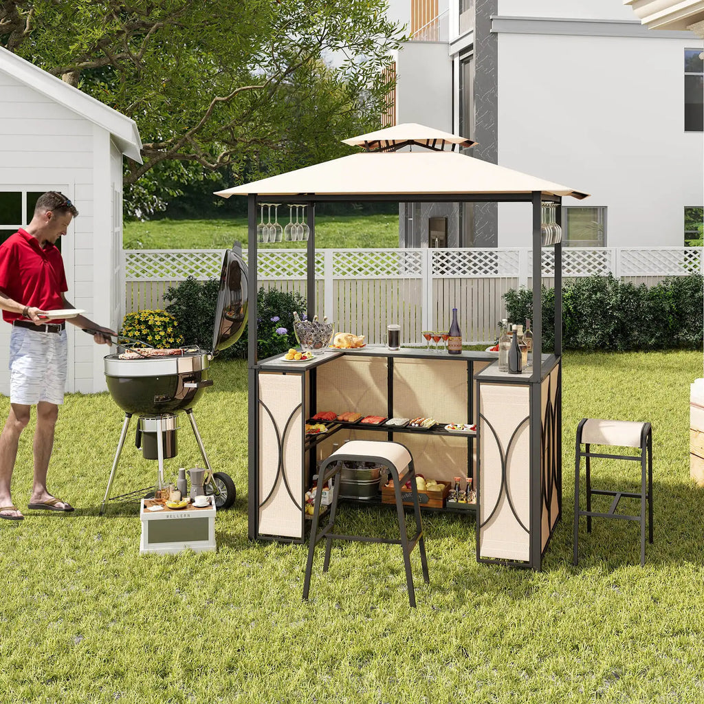 3 PCS Patio Bar Set with Tempered Glass Bar Table Metal Storage Shelves