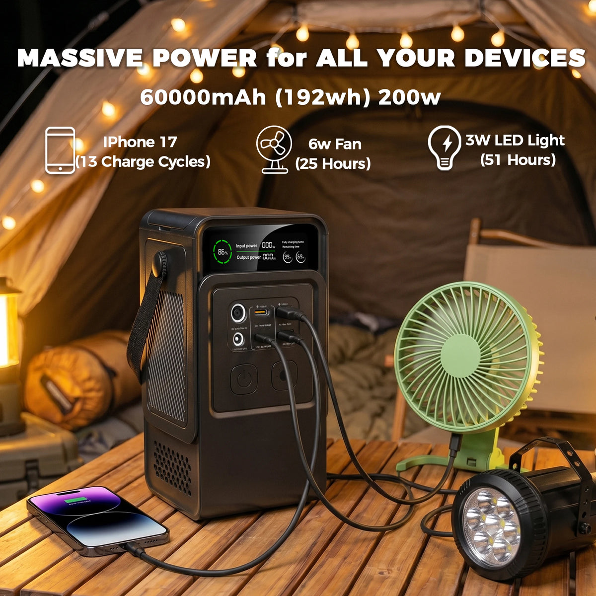 200W Power Station Camping 192Wh Lifepo4 Power Bank 60000mAh Portable Emergency Power USB TYPE-C Port