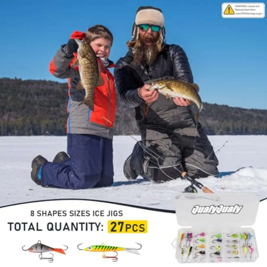 Portable Ice Fishing Rod and Reel Combo 28'' Set with Inline Reels Lures Ice Cleats Carrier Bag Folding Stool