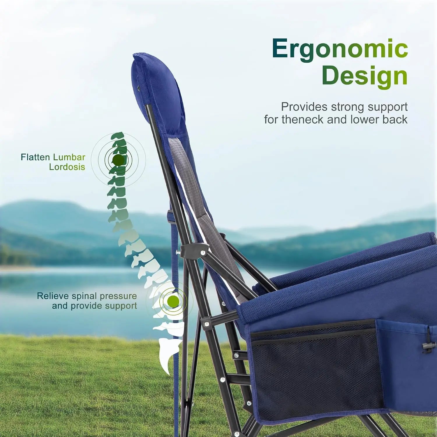 Oversized Folding Camping Chair High Back Heavy Duty 500 LBS Capacity with Cup Holder Side Pocket Portable