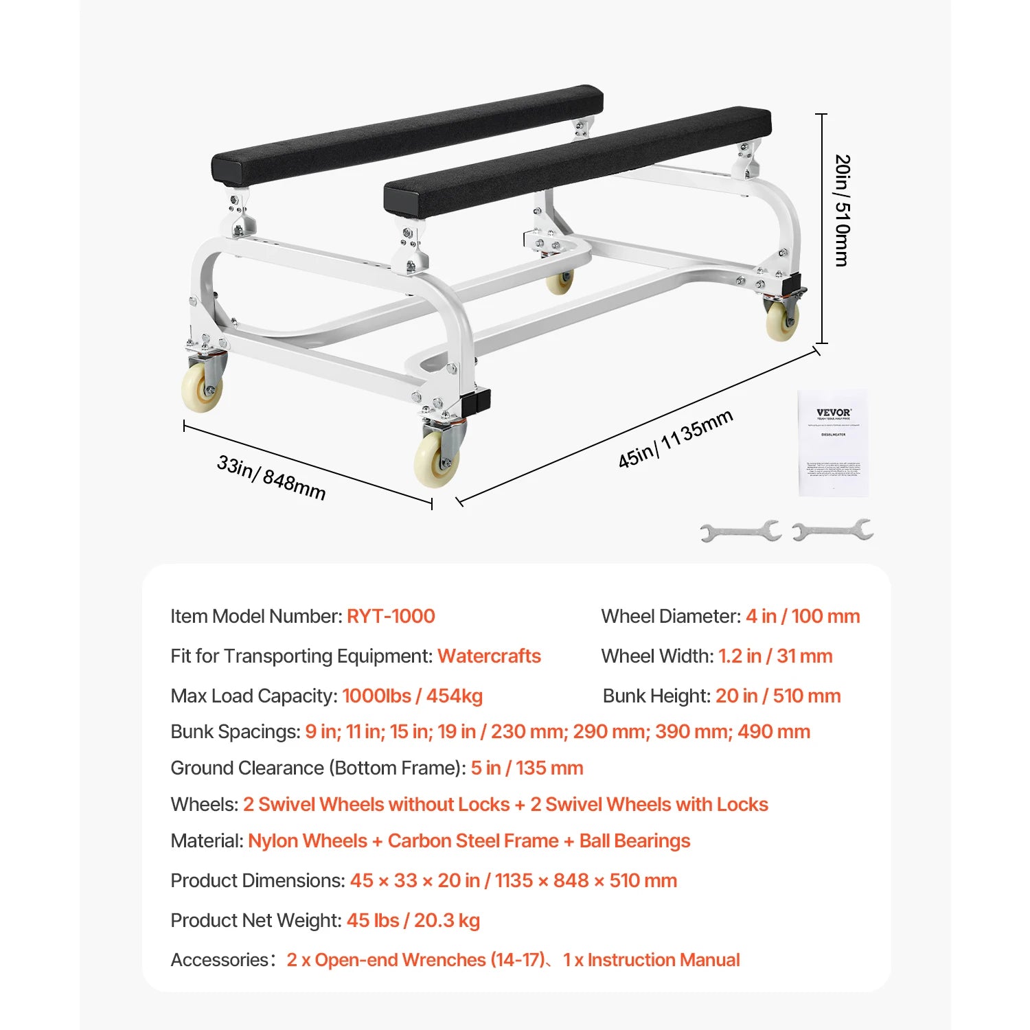 1000/1300LBS Watercraft PWC Dolly Jet Ski Stand PWC Cart with 4 Casters & Adjustable Bunks