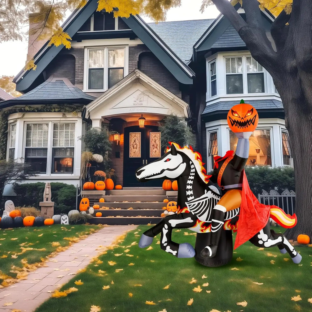9-Foot Halloween Headless Horseman Inflatable Outdoor Decoration, Day of the Dead Blow-Up Yard Display with Built-In LED