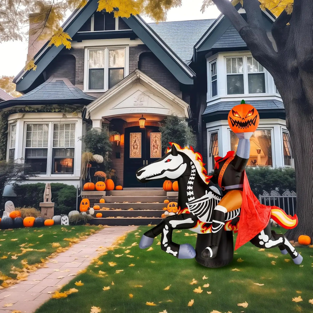 9-Foot Halloween Headless Horseman Inflatable Outdoor Decoration, Day of the Dead Blow-Up Yard Display with Built-In LED