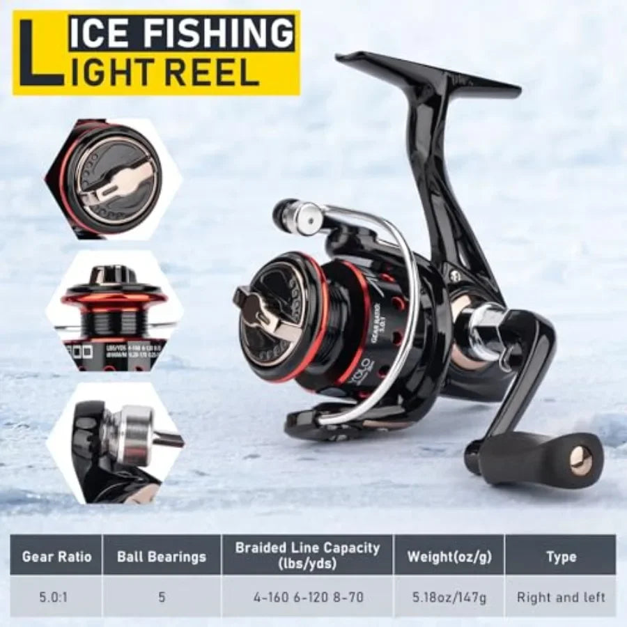 Portable Ice Fishing Rod and Reel Combo 28'' Set with Inline Reels Lures Ice Cleats Carrier Bag Folding Stool