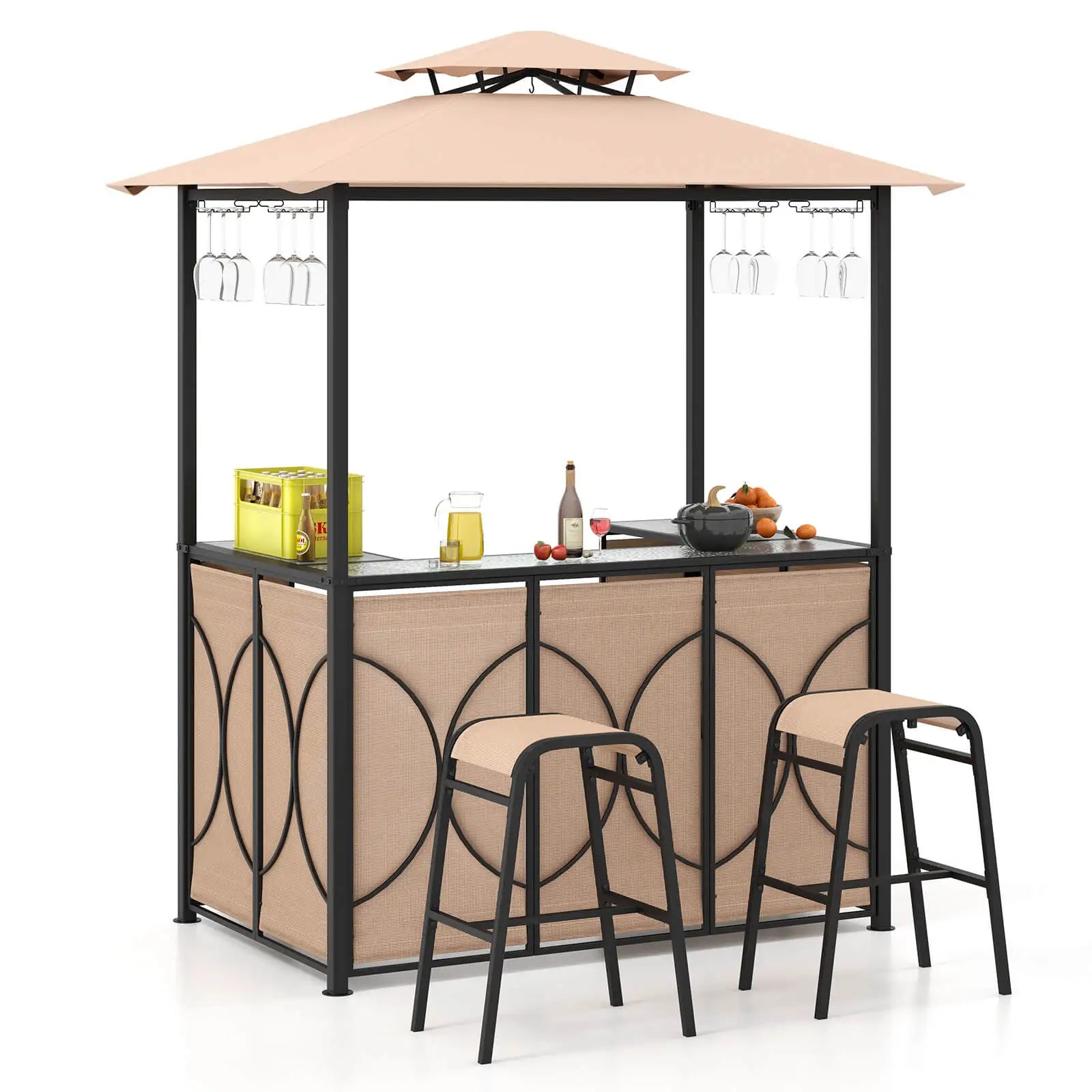 3 PCS Patio Bar Set with Tempered Glass Bar Table Metal Storage Shelves