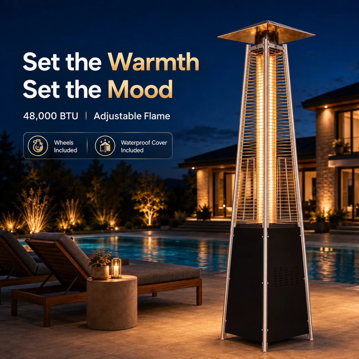 Pyramid Propane Patio Heater with Glass Tube Flame with Wheels Adjustable Heat Control Standing Heater for Patio Deck Garden Poolside Outdoor Dining